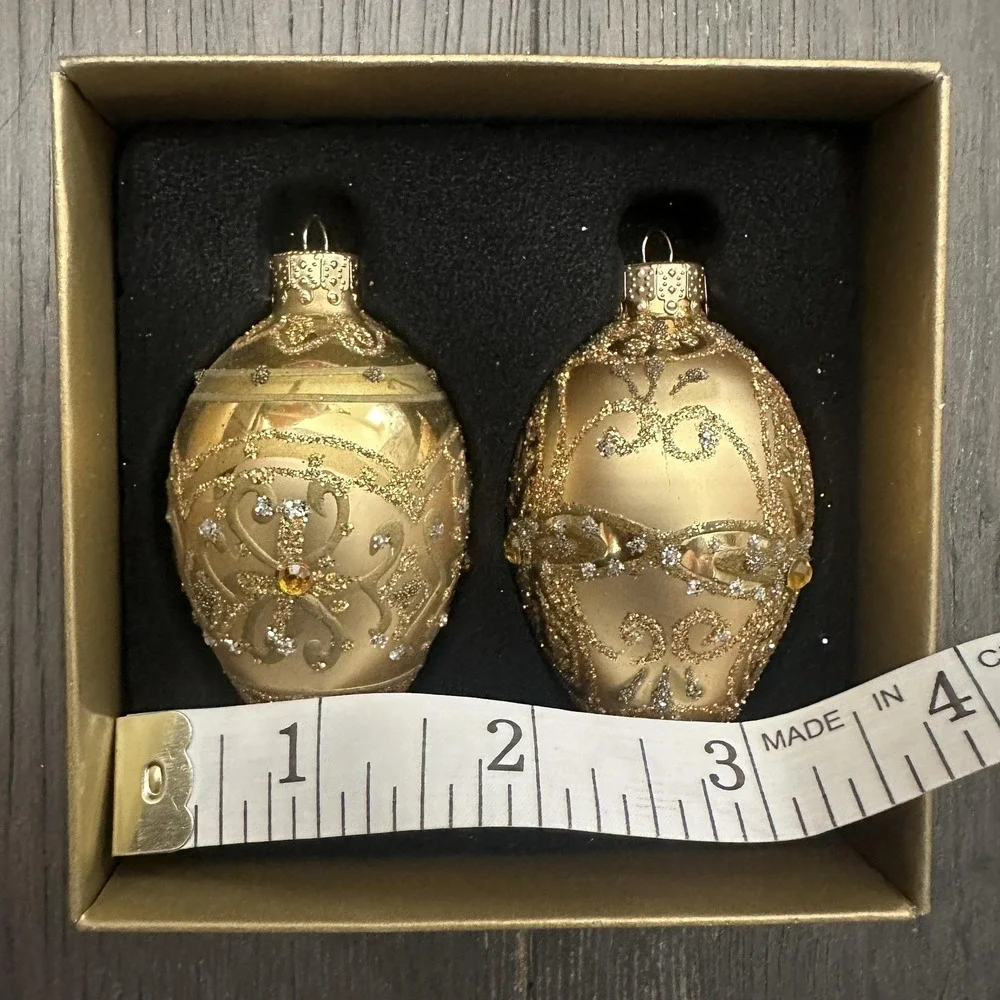 VTG Celebrate It Set Of‎ 2 Small Gold Glass Egg Bauble Ornaments Christmas Decor